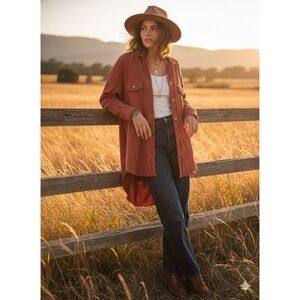 BKE Red Waffle Knit Thermal Shacket | Raw Hem Boyfriend Fit Boho Grunge XS